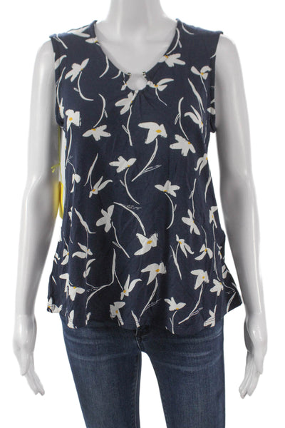 Pure Essence Womens Basic Floral Rayon V-Neck Sleeveless Blouse Blue Size XS