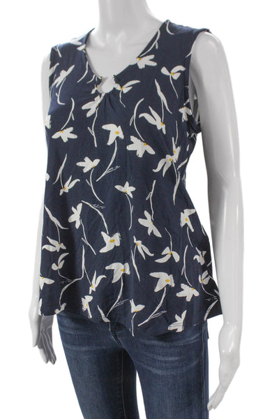 Pure Essence Womens Basic Floral Rayon V-Neck Sleeveless Blouse Blue Size XS
