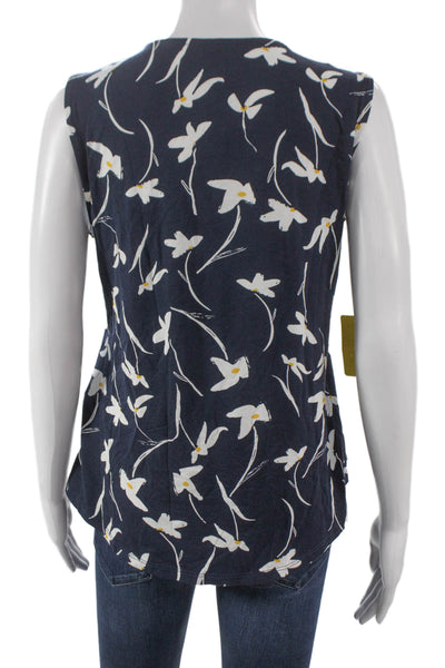 Pure Essence Womens Basic Floral Rayon V-Neck Sleeveless Blouse Blue Size XS