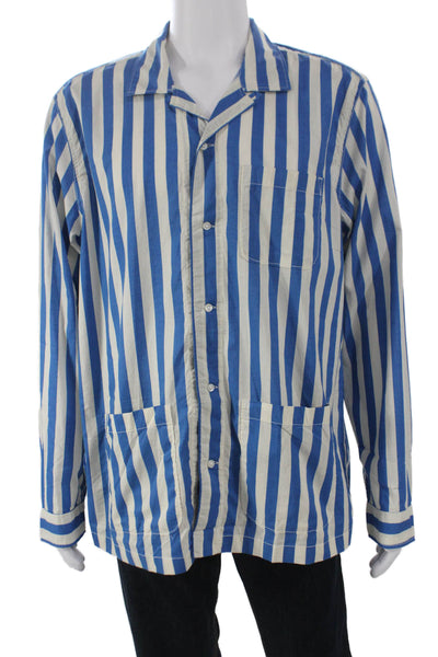 J Crew Mens Button Front Collared Striped Shirt Blue White Cotton Size XL