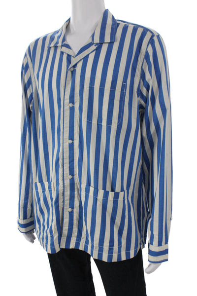 J Crew Mens Button Front Collared Striped Shirt Blue White Cotton Size XL