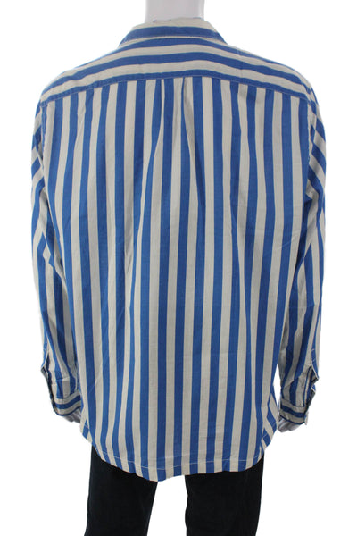 J Crew Mens Button Front Collared Striped Shirt Blue White Cotton Size XL