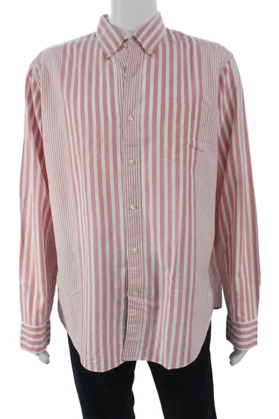 J Crew Mens Button Front Long Sleeve Collared Striped Shirt Pink White Size XL