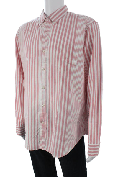 J Crew Mens Button Front Long Sleeve Collared Striped Shirt Pink White Size XL