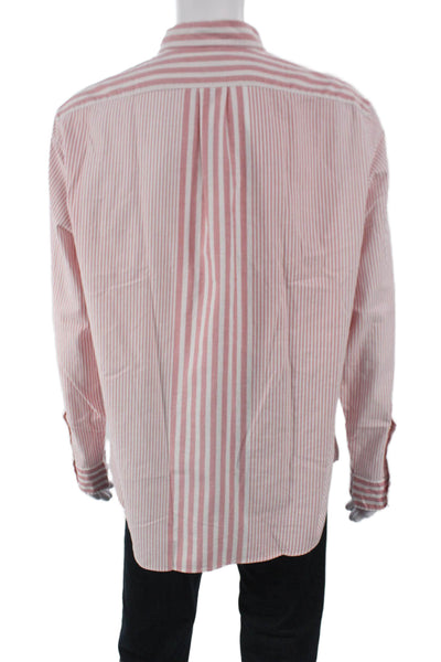 J Crew Mens Button Front Long Sleeve Collared Striped Shirt Pink White Size XL