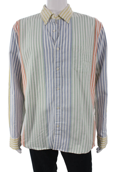 J Crew Mens Button Front Collared Striped Shirt White Green Blue Size XL