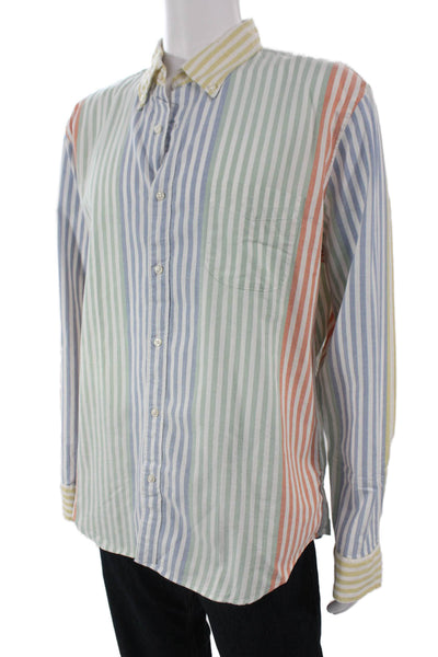 J Crew Mens Button Front Collared Striped Shirt White Green Blue Size XL