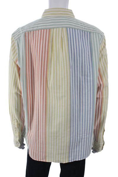 J Crew Mens Button Front Collared Striped Shirt White Green Blue Size XL