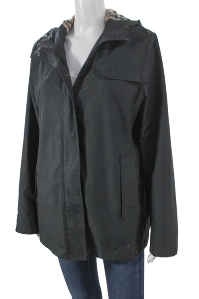 Burberry London Women Raincoat Black Zip Polyester Long Sleeve Size L