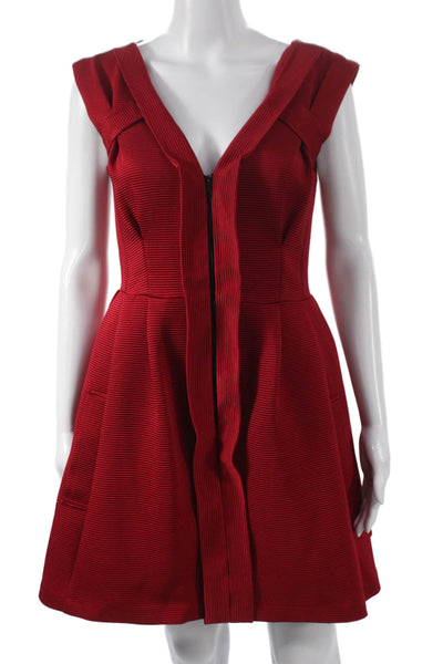 Nanette Lepore Women Red Striped V-Neck Sleeveless Mini Dress Zip Nylon Size 4
