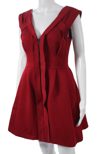 Nanette Lepore Women Red Striped V-Neck Sleeveless Mini Dress Zip Nylon Size 4