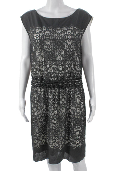 Max Studio Women Black Geometric Shift Dress Sleeveless Boat Neck Nylon Size L