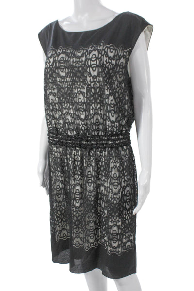 Max Studio Women Black Geometric Shift Dress Sleeveless Boat Neck Nylon Size L