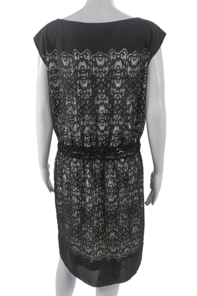 Max Studio Women Black Geometric Shift Dress Sleeveless Boat Neck Nylon Size L