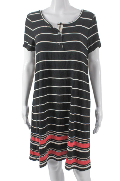 Max Studio Women Black Striped Henley T-Shirt Dress Button Size L