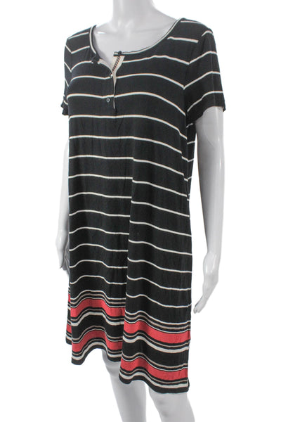 Max Studio Women Black Striped Henley T-Shirt Dress Button Size L
