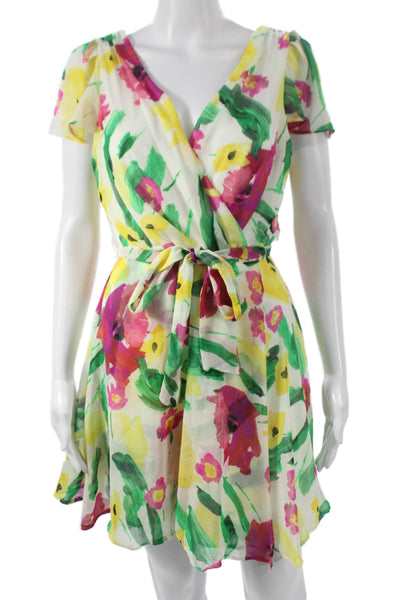 DKNY Womens Wrap Dress Multicolor Floral V-Neck Tie Short Sleeve Size 10