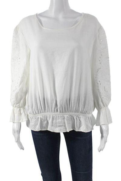Cynthia Rowley Womens White Linen 3/4 Sleeve Round Neck Blouse Size M