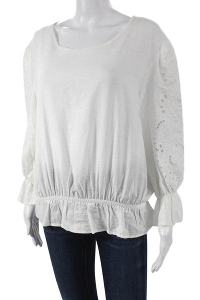 Cynthia Rowley Womens White Linen 3/4 Sleeve Round Neck Blouse Size M