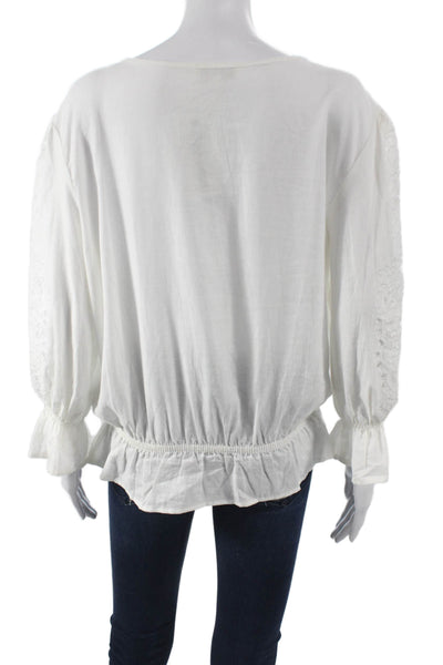 Cynthia Rowley Womens White Linen 3/4 Sleeve Round Neck Blouse Size M