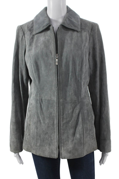 Dennis Basso Womens Basic Suede Zip Jacket Gray Long Sleeve Fall Size S