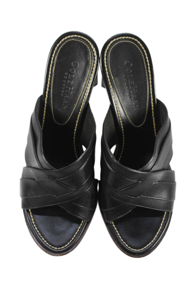 Cole Haan Womens Block Heel Cross Strap Slide Sandals Black Leather Size 7