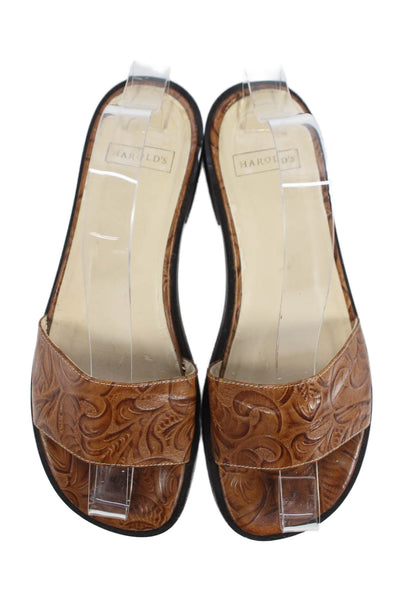 Harolds Womens Single Strap Leather Paisley Slide Sandals Brown Size 7 AA