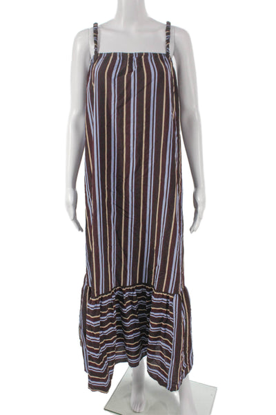 Ottod Ame Women Maxi Striped Brown Viscose Square Neck Sleeveless Dress Size M