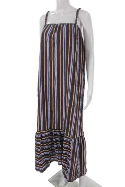 Ottod Ame Women Maxi Striped Brown Viscose Square Neck Sleeveless Dress Size M
