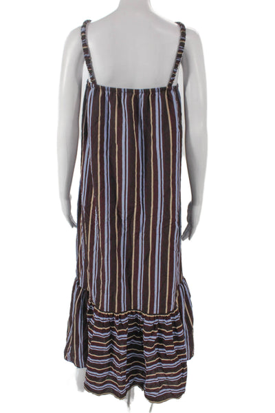 Ottod Ame Women Maxi Striped Brown Viscose Square Neck Sleeveless Dress Size M