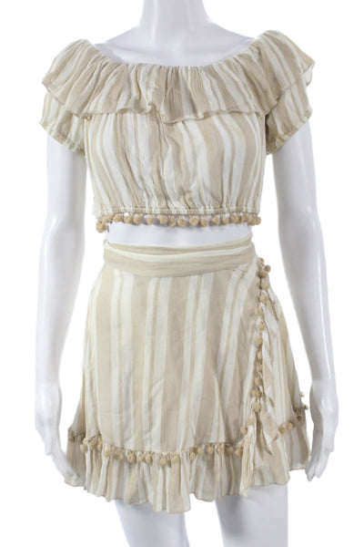 Lovers + Friends Women Beige Striped Off Shoulder Short Sleeve Set Size XS