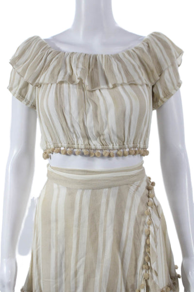 Lovers + Friends Women Beige Striped Off Shoulder Short Sleeve Set Size XS