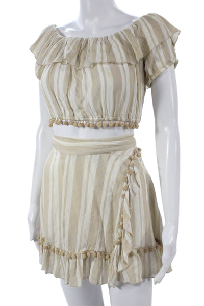 Lovers + Friends Women Beige Striped Off Shoulder Short Sleeve Set Size XS