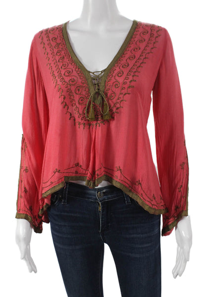 Donale Womens Pink Linen V-Neck Lace Up Boho Tunic Long Sleeve Size S