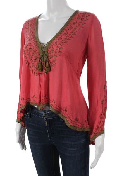 Donale Womens Pink Linen V-Neck Lace Up Boho Tunic Long Sleeve Size S