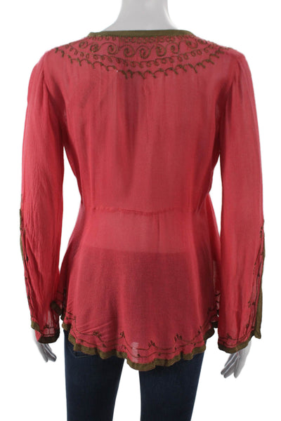 Donale Womens Pink Linen V-Neck Lace Up Boho Tunic Long Sleeve Size S