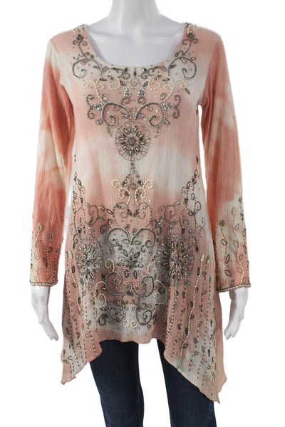 Bella Tu Womens Floral Scoop Neck Tunic Blouse Pink Long Sleeve Size XS
