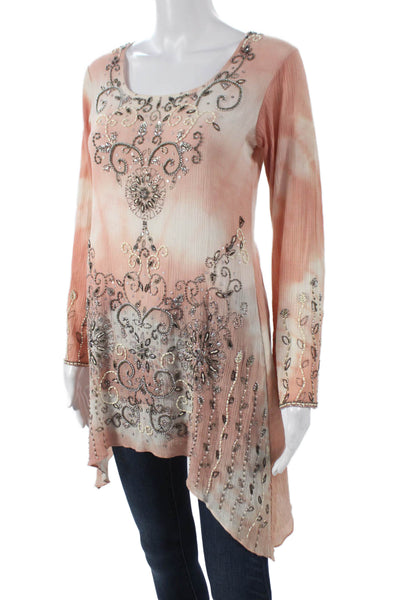 Bella Tu Womens Floral Scoop Neck Tunic Blouse Pink Long Sleeve Size XS