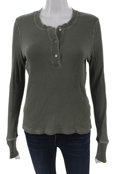 Amo Women Basic Henley T-Shirt Green Long Sleeve Size S