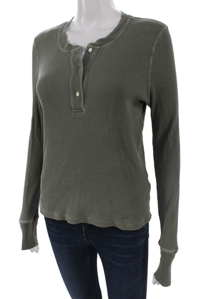 Amo Women Basic Henley T-Shirt Green Long Sleeve Size S