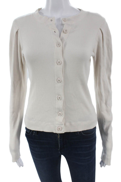 Amo Womens Cardigan Sweater Ivory 100% Cotton Crew Neck Long Sleeve Size XS