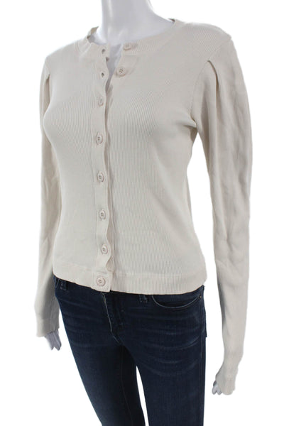 Amo Womens Cardigan Sweater Ivory 100% Cotton Crew Neck Long Sleeve Size XS