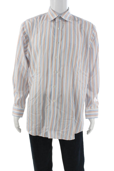 Paul Fredrick Mens Button Front Collared Striped Shirt White Blue Orange 16.5
