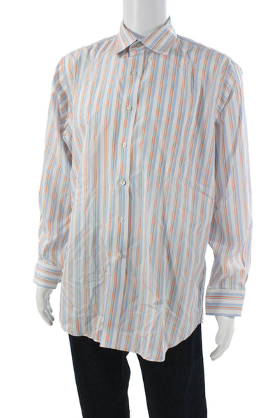Paul Fredrick Mens Button Front Collared Striped Shirt White Blue Orange 16.5