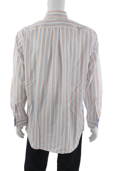 Paul Fredrick Mens Button Front Collared Striped Shirt White Blue Orange 16.5