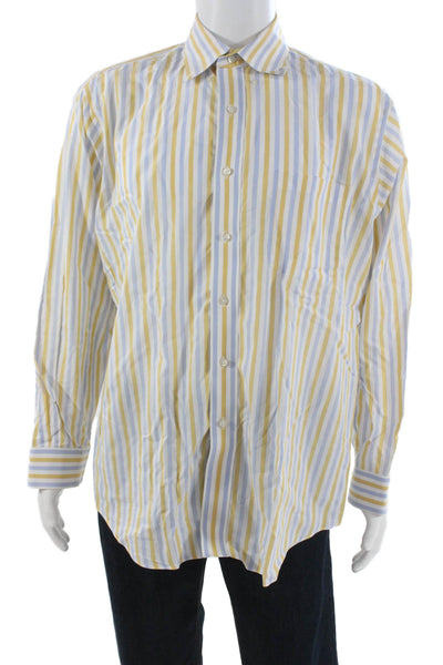 Paul Fredrick Mens Button Front Collared Striped Shirt White Blue Yellow 16.5