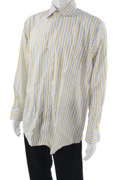 Paul Fredrick Mens Button Front Collared Striped Shirt White Blue Yellow 16.5