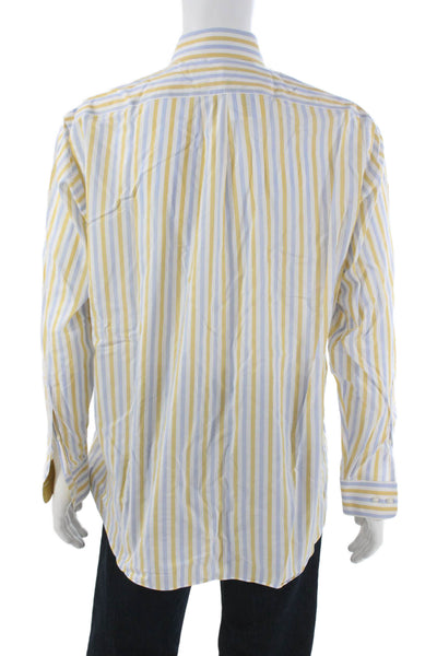 Paul Fredrick Mens Button Front Collared Striped Shirt White Blue Yellow 16.5