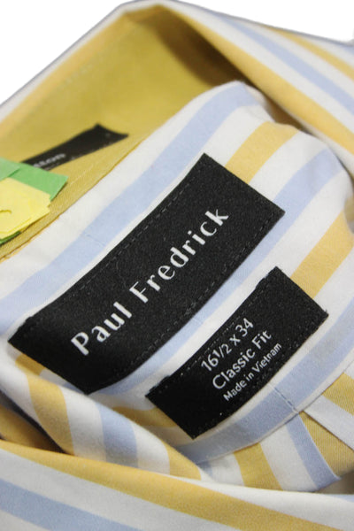 Paul Fredrick Mens Button Front Collared Striped Shirt White Blue Yellow 16.5