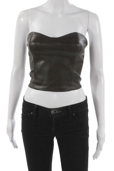 Ten By Babaton Womens Corset Top Brown PU Sweetheart Zip Strapless Size 2